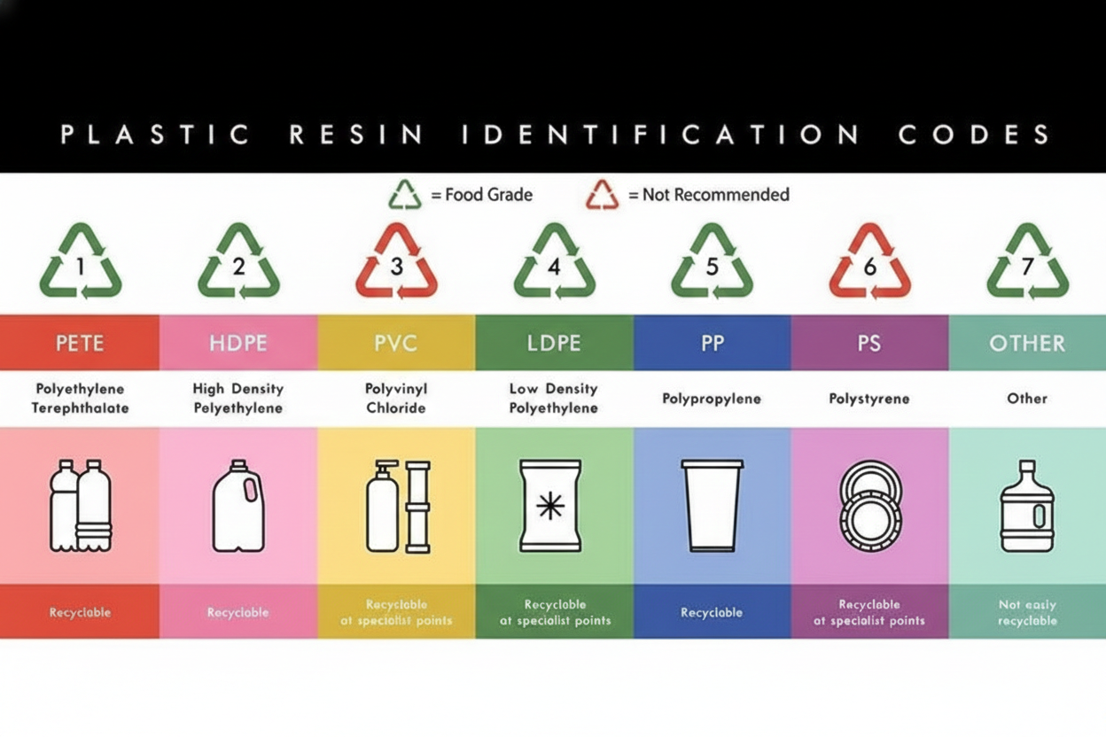 Infographic showing 7 plastic resin identification codes for food grade packaging compliant with FDA standards.