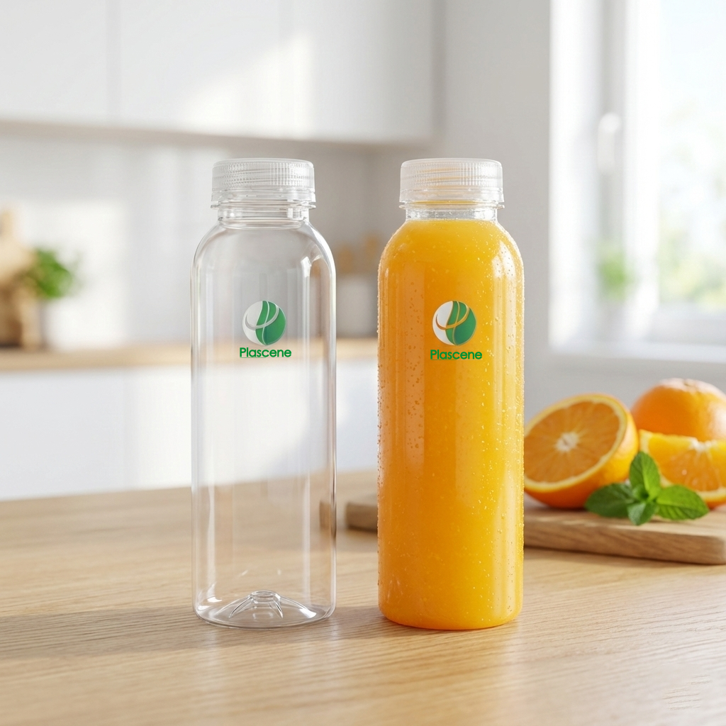 The transparency of Plascene's eco-friendly plastic bottles made from rPET plastic compared to virgin plastic.