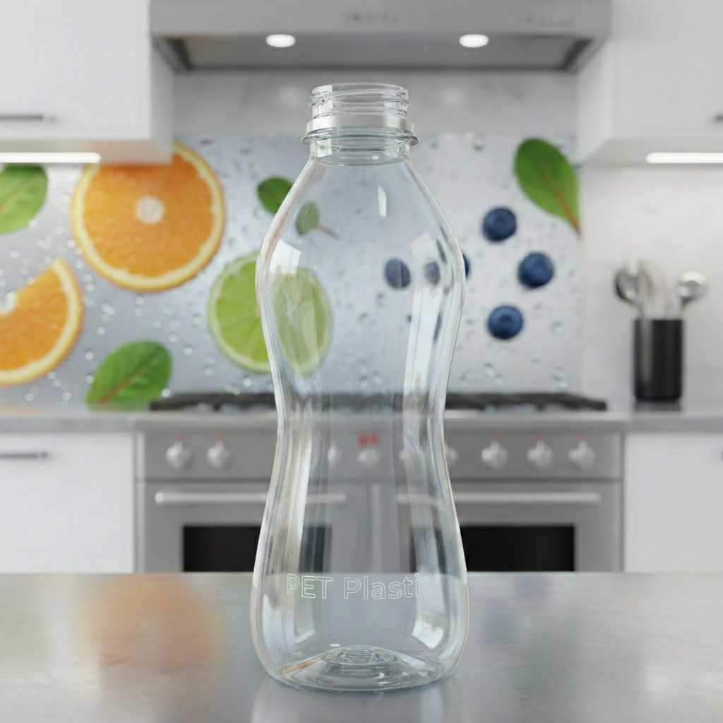 Crystal-clear PET plastic bottle showing high transparency for beverage and food packaging.