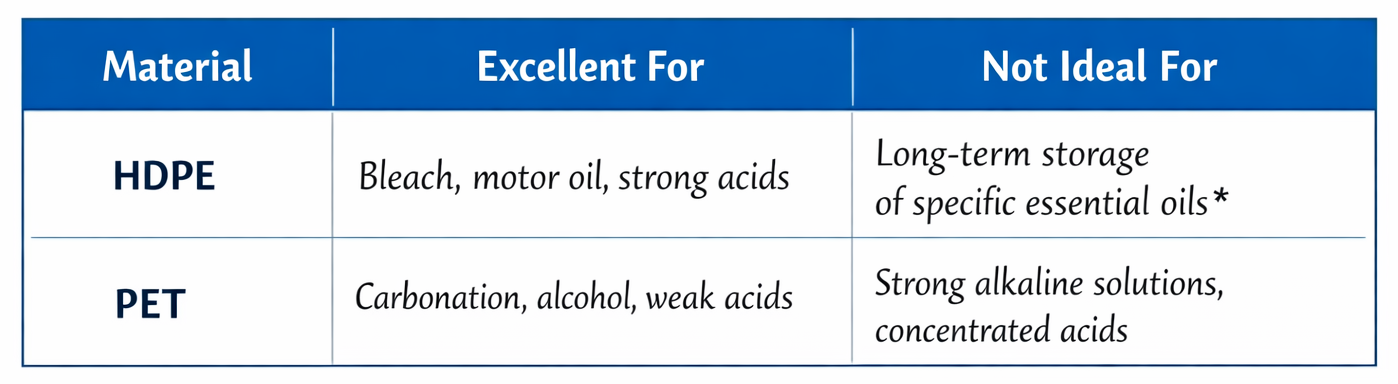 HDPE vs PET chemical resistance comparison chart for food and beverage packaging materials.