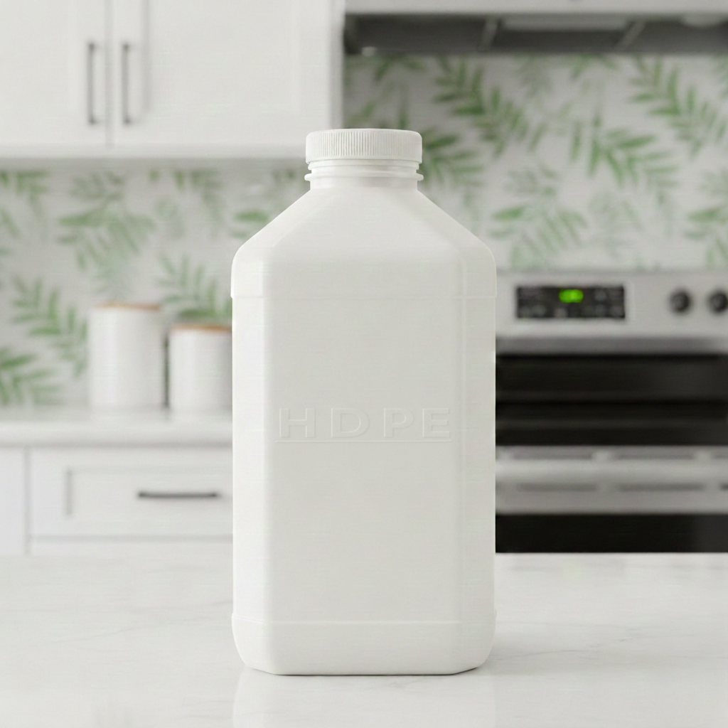Opaque HDPE plastic bottle showcasing its naturally milky color and sturdy structure.