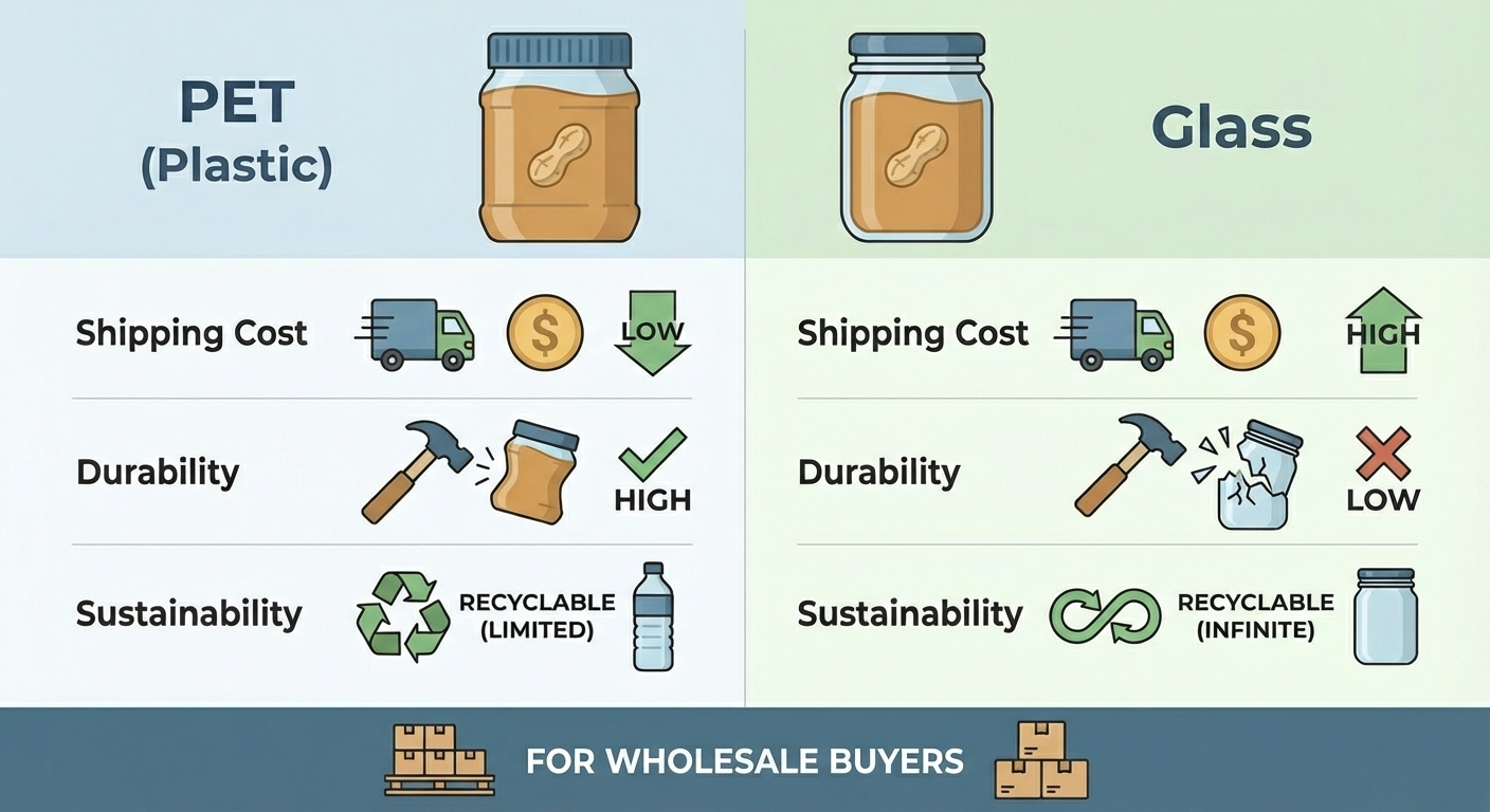 PET peanut butter jar vs glass jar comparison — shipping cost, durability, and sustainability breakdown for wholesale buyers.