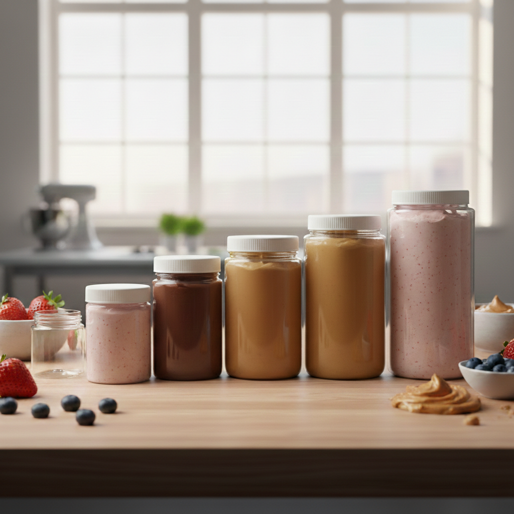 Plascene PET straight-sided jars lineup, 4oz to 16oz, the standard 70mm neck finish for nut butter brands.