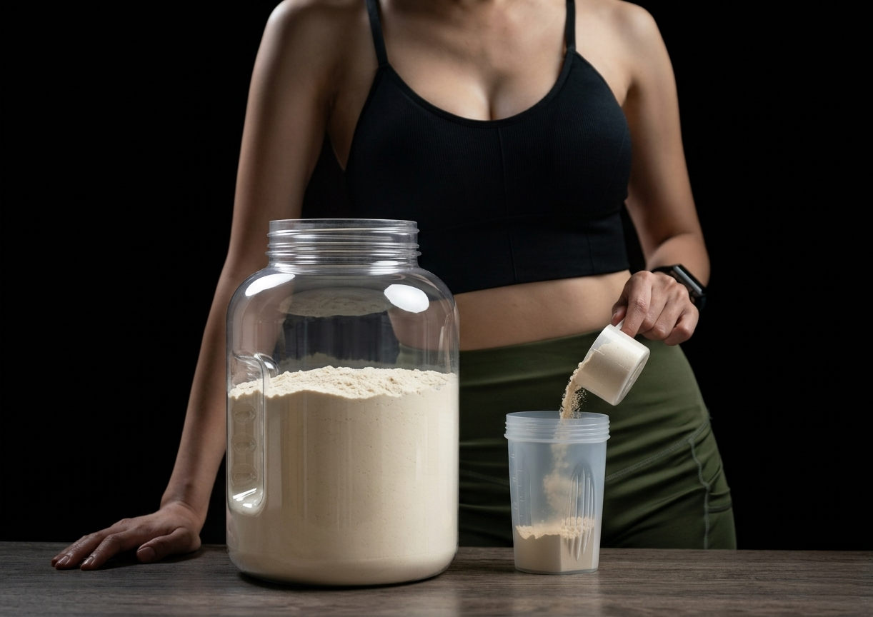 Female athlete scooping whey protein from clear PET jar - sports nutrition packaging transparency