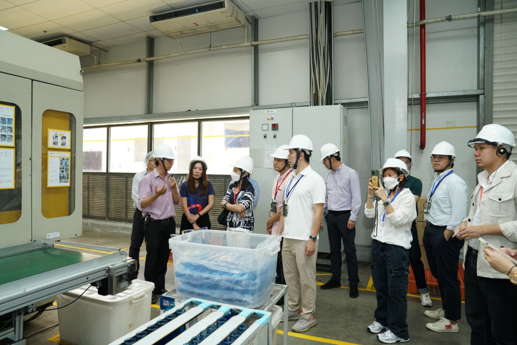 Plascene leadership team at rPET manufacturing facility, generational thinking in B2B packaging