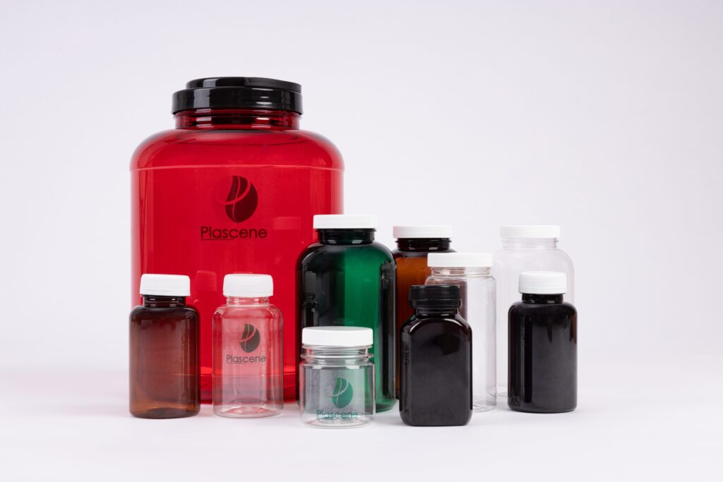 Plascene pharmaceutical plastic bottles full product range - clear amber green black PET jars with caps and closures