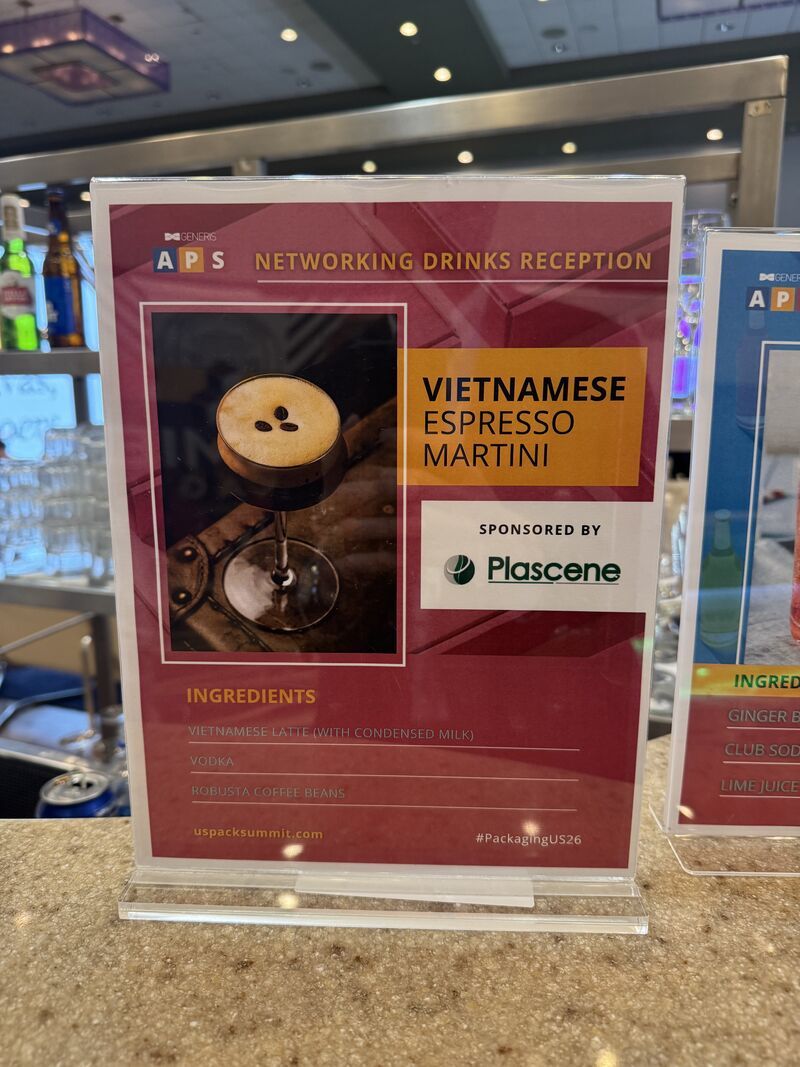 Vietnamese Espresso Martini cocktail card at the APS 2026 networking drinks reception, sponsored by Plascene