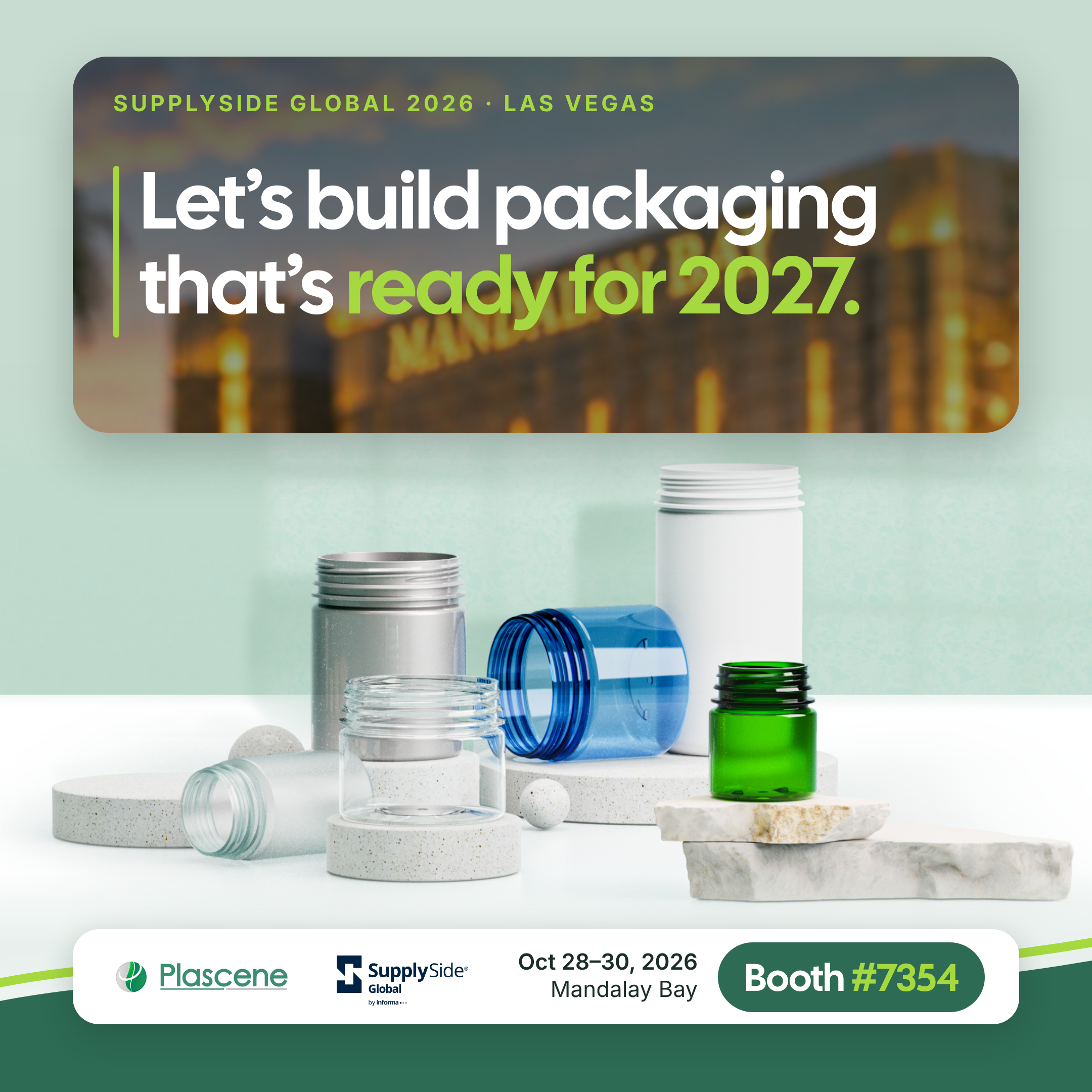 Plascene stock PET jars in clear, tinted and opaque finishes, shown for SupplySide Global 2026